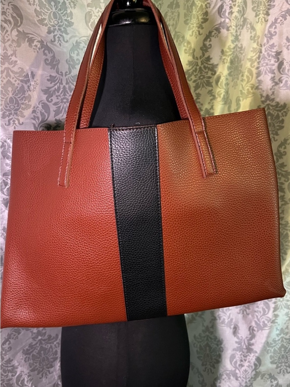 Vince Camuto Classic Two-Tone Leather Tote Bag in Rust and Black
